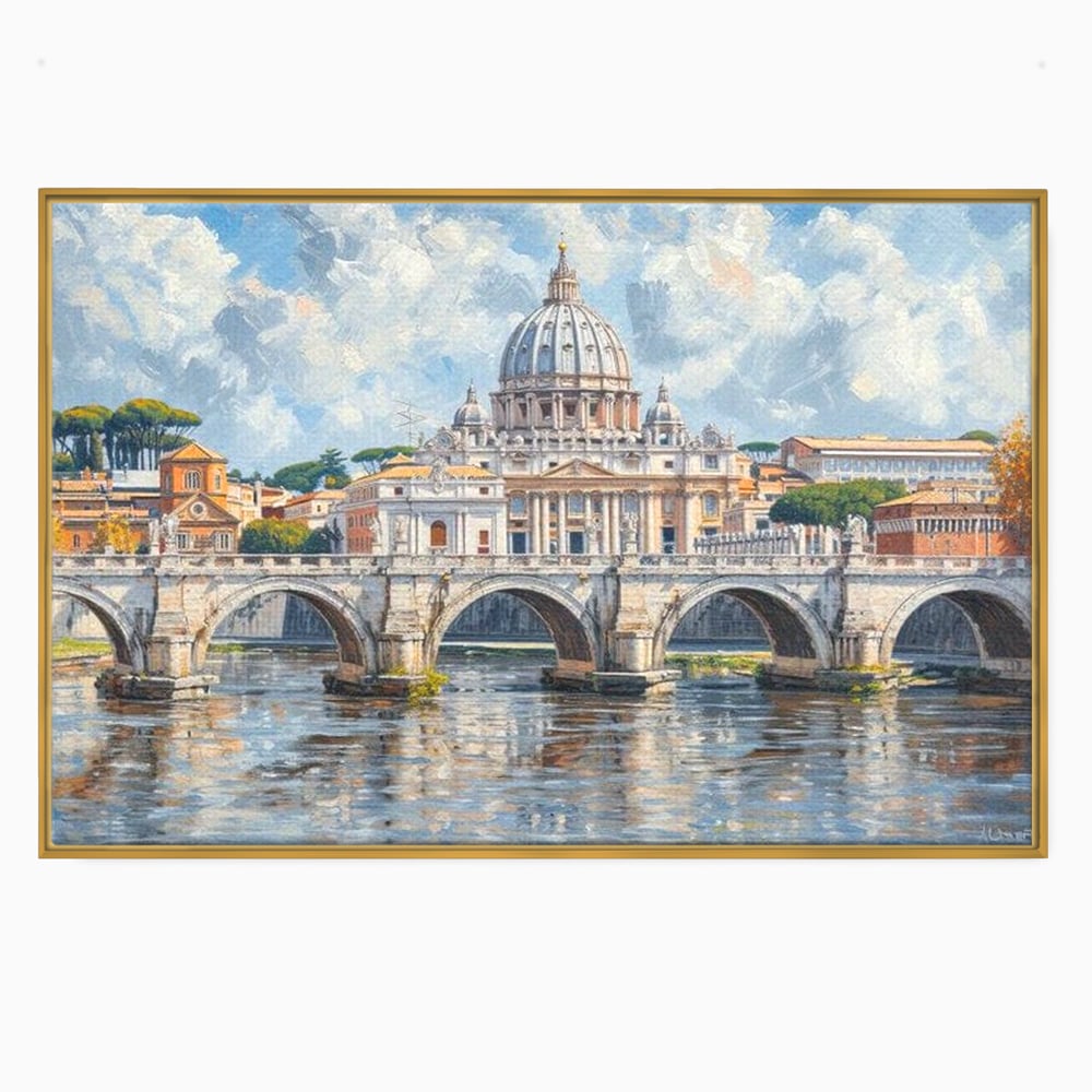 Tablou canvas cu tablou canvas cu podul si cupola vaticanului, in rama de aluminiu auriu